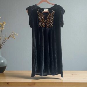 Blue Velvet Dress with Geometric Embroidery